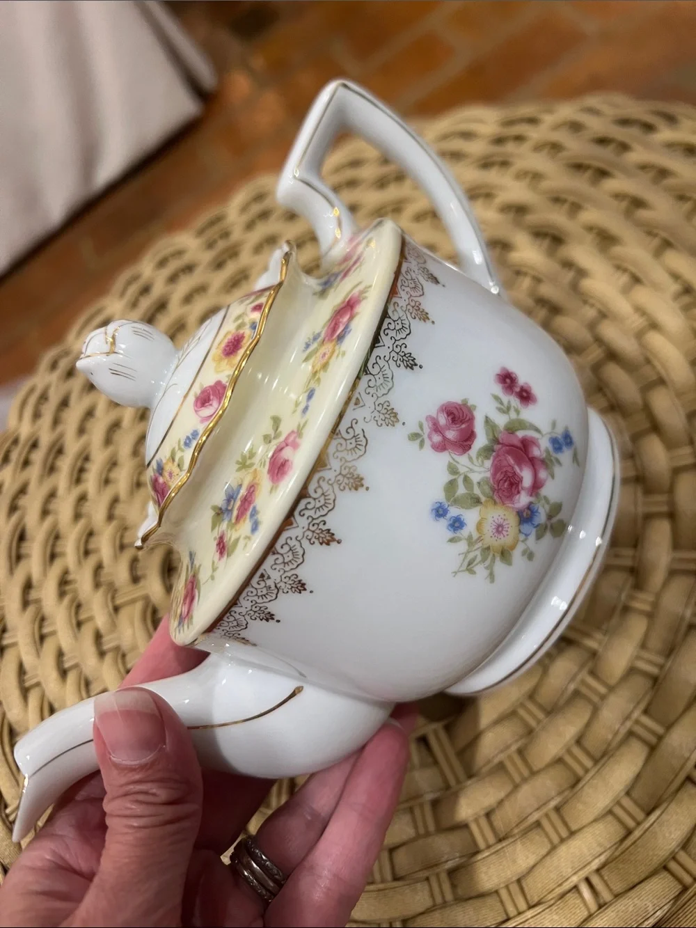 Vintage Gold Castle Floral Porcelain Mini Teapot with Gold Trim